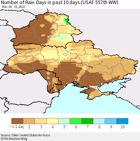 Ukraine, Moldova and Belarus Number of Rain Days in past 10 days (USAF 557th WW) Thematic Map For 3/26/2022 - 3/31/2022