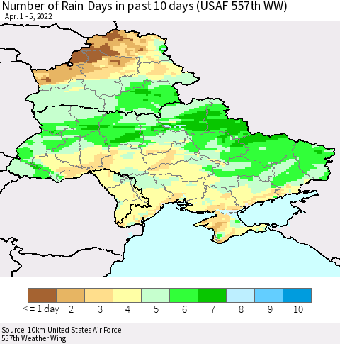 Ukraine, Moldova and Belarus Number of Rain Days in past 10 days (USAF 557th WW) Thematic Map For 4/1/2022 - 4/5/2022