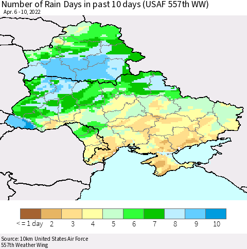 Ukraine, Moldova and Belarus Number of Rain Days in past 10 days (USAF 557th WW) Thematic Map For 4/6/2022 - 4/10/2022