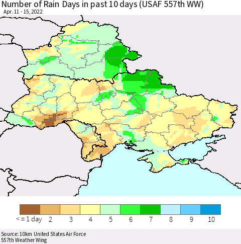 Ukraine, Moldova and Belarus Number of Rain Days in past 10 days (USAF 557th WW) Thematic Map For 4/11/2022 - 4/15/2022