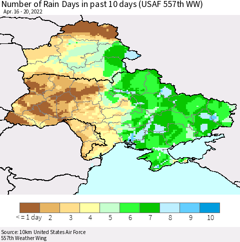 Ukraine, Moldova and Belarus Number of Rain Days in past 10 days (USAF 557th WW) Thematic Map For 4/16/2022 - 4/20/2022