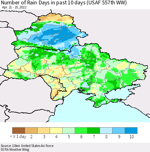 Ukraine, Moldova and Belarus Number of Rain Days in past 10 days (USAF 557th WW) Thematic Map For 4/21/2022 - 4/25/2022
