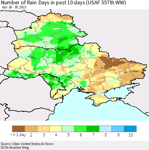 Ukraine, Moldova and Belarus Number of Rain Days in past 10 days (USAF 557th WW) Thematic Map For 4/26/2022 - 4/30/2022