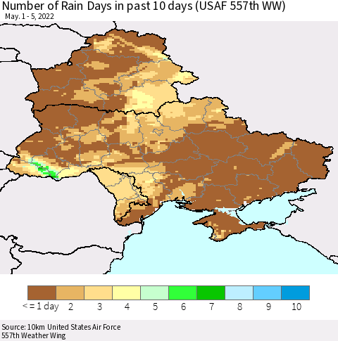 Ukraine, Moldova and Belarus Number of Rain Days in past 10 days (USAF 557th WW) Thematic Map For 5/1/2022 - 5/5/2022