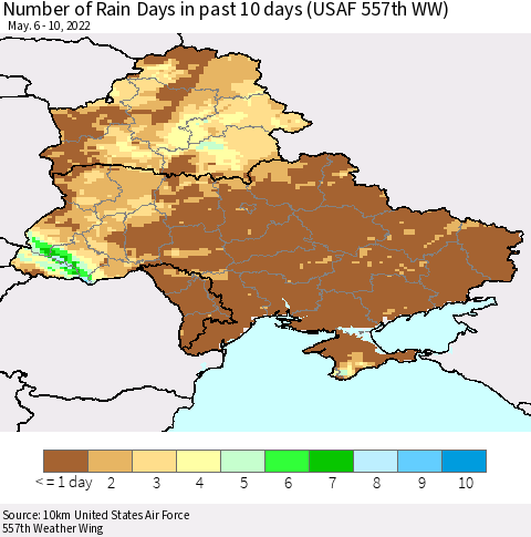 Ukraine, Moldova and Belarus Number of Rain Days in past 10 days (USAF 557th WW) Thematic Map For 5/6/2022 - 5/10/2022