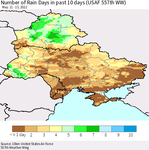 Ukraine, Moldova and Belarus Number of Rain Days in past 10 days (USAF 557th WW) Thematic Map For 5/11/2022 - 5/15/2022