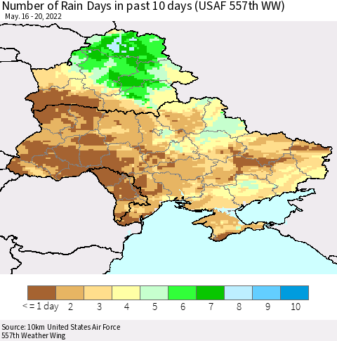 Ukraine, Moldova and Belarus Number of Rain Days in past 10 days (USAF 557th WW) Thematic Map For 5/16/2022 - 5/20/2022