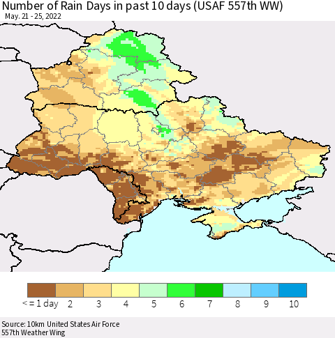 Ukraine, Moldova and Belarus Number of Rain Days in past 10 days (USAF 557th WW) Thematic Map For 5/21/2022 - 5/25/2022
