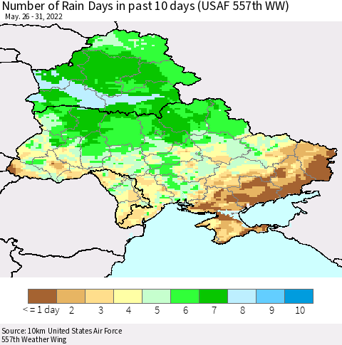 Ukraine, Moldova and Belarus Number of Rain Days in past 10 days (USAF 557th WW) Thematic Map For 5/26/2022 - 5/31/2022