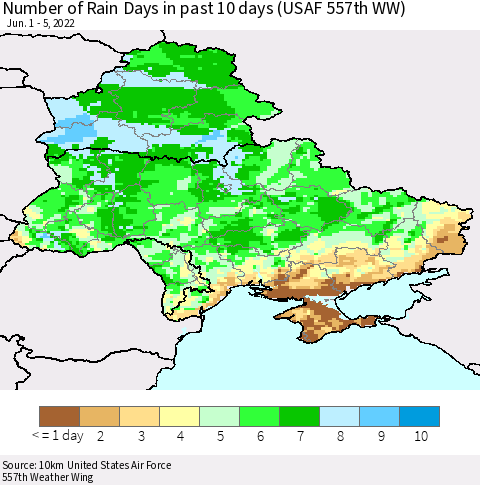 Ukraine, Moldova and Belarus Number of Rain Days in past 10 days (USAF 557th WW) Thematic Map For 6/1/2022 - 6/5/2022