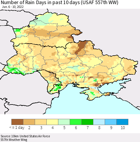Ukraine, Moldova and Belarus Number of Rain Days in past 10 days (USAF 557th WW) Thematic Map For 6/6/2022 - 6/10/2022