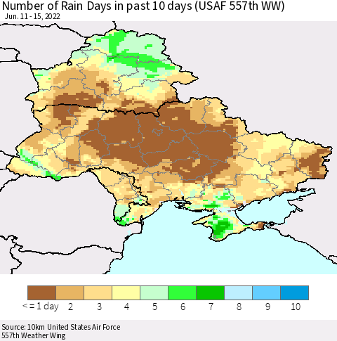 Ukraine, Moldova and Belarus Number of Rain Days in past 10 days (USAF 557th WW) Thematic Map For 6/11/2022 - 6/15/2022