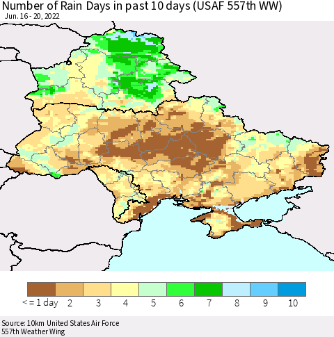 Ukraine, Moldova and Belarus Number of Rain Days in past 10 days (USAF 557th WW) Thematic Map For 6/16/2022 - 6/20/2022