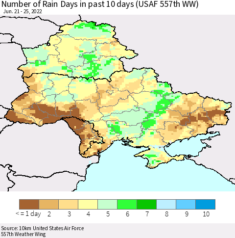Ukraine, Moldova and Belarus Number of Rain Days in past 10 days (USAF 557th WW) Thematic Map For 6/21/2022 - 6/25/2022