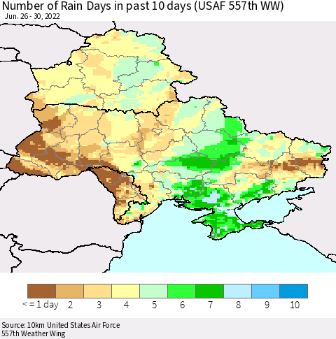 Ukraine, Moldova and Belarus Number of Rain Days in past 10 days (USAF 557th WW) Thematic Map For 6/26/2022 - 6/30/2022