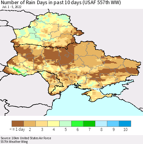 Ukraine, Moldova and Belarus Number of Rain Days in past 10 days (USAF 557th WW) Thematic Map For 7/1/2022 - 7/5/2022