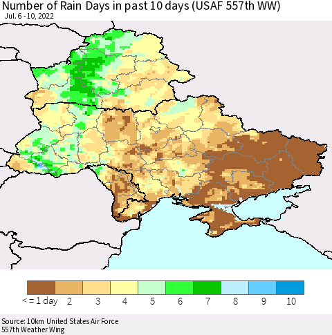 Ukraine, Moldova and Belarus Number of Rain Days in past 10 days (USAF 557th WW) Thematic Map For 7/6/2022 - 7/10/2022