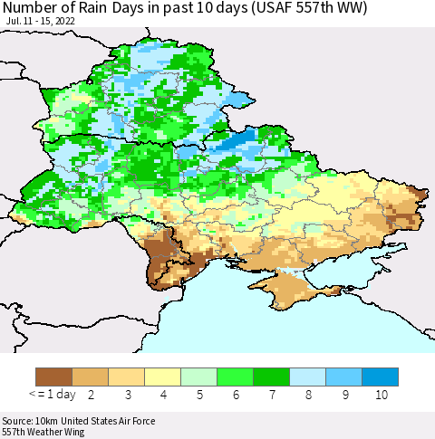 Ukraine, Moldova and Belarus Number of Rain Days in past 10 days (USAF 557th WW) Thematic Map For 7/11/2022 - 7/15/2022