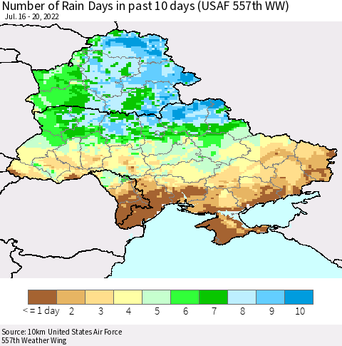 Ukraine, Moldova and Belarus Number of Rain Days in past 10 days (USAF 557th WW) Thematic Map For 7/16/2022 - 7/20/2022