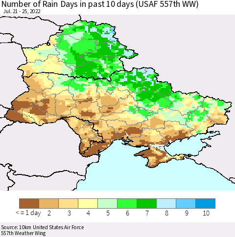 Ukraine, Moldova and Belarus Number of Rain Days in past 10 days (USAF 557th WW) Thematic Map For 7/21/2022 - 7/25/2022