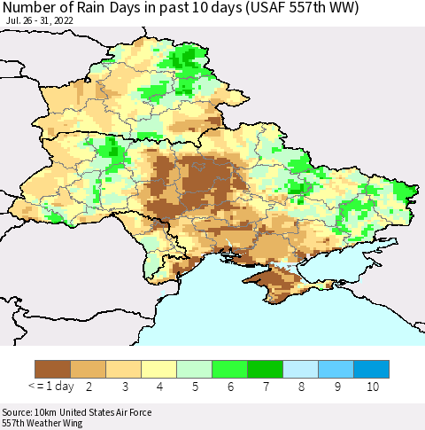 Ukraine, Moldova and Belarus Number of Rain Days in past 10 days (USAF 557th WW) Thematic Map For 7/26/2022 - 7/31/2022