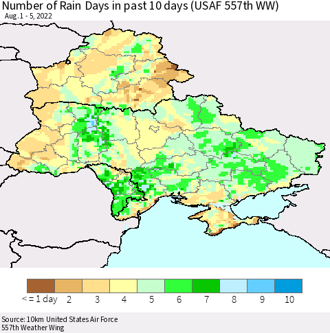Ukraine, Moldova and Belarus Number of Rain Days in past 10 days (USAF 557th WW) Thematic Map For 8/1/2022 - 8/5/2022