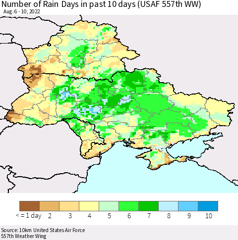 Ukraine, Moldova and Belarus Number of Rain Days in past 10 days (USAF 557th WW) Thematic Map For 8/6/2022 - 8/10/2022