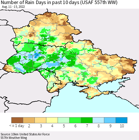 Ukraine, Moldova and Belarus Number of Rain Days in past 10 days (USAF 557th WW) Thematic Map For 8/11/2022 - 8/15/2022