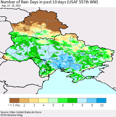 Ukraine, Moldova and Belarus Number of Rain Days in past 10 days (USAF 557th WW) Thematic Map For 8/16/2022 - 8/20/2022