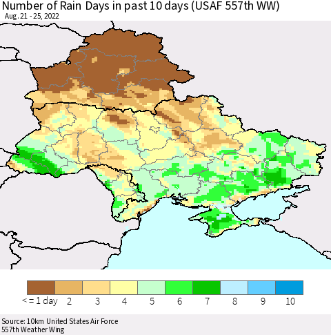 Ukraine, Moldova and Belarus Number of Rain Days in past 10 days (USAF 557th WW) Thematic Map For 8/21/2022 - 8/25/2022