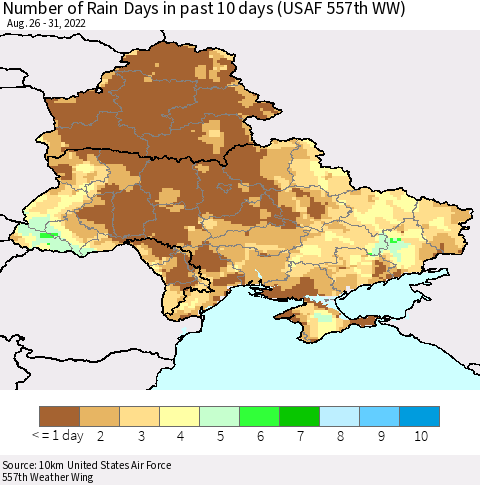 Ukraine, Moldova and Belarus Number of Rain Days in past 10 days (USAF 557th WW) Thematic Map For 8/26/2022 - 8/31/2022