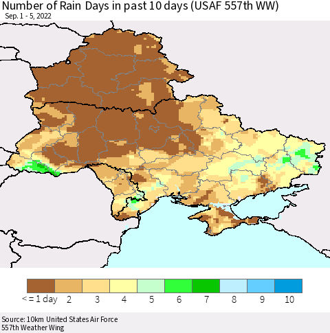Ukraine, Moldova and Belarus Number of Rain Days in past 10 days (USAF 557th WW) Thematic Map For 9/1/2022 - 9/5/2022