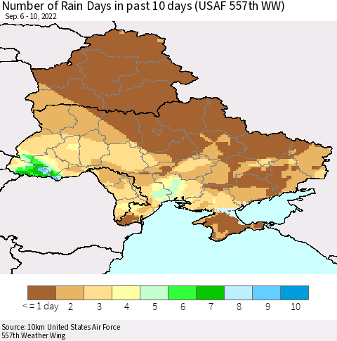 Ukraine, Moldova and Belarus Number of Rain Days in past 10 days (USAF 557th WW) Thematic Map For 9/6/2022 - 9/10/2022