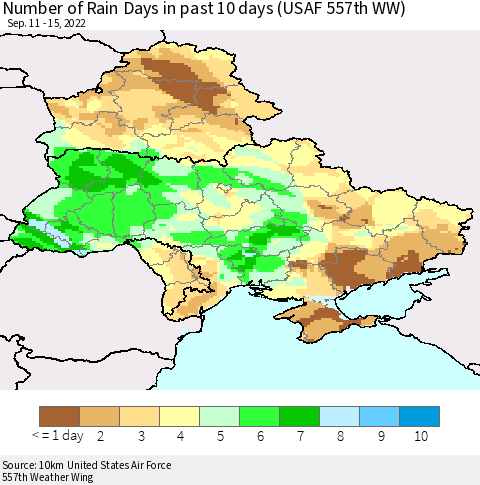 Ukraine, Moldova and Belarus Number of Rain Days in past 10 days (USAF 557th WW) Thematic Map For 9/11/2022 - 9/15/2022