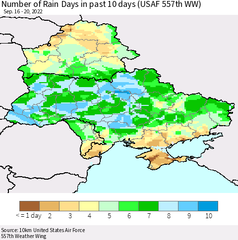 Ukraine, Moldova and Belarus Number of Rain Days in past 10 days (USAF 557th WW) Thematic Map For 9/16/2022 - 9/20/2022
