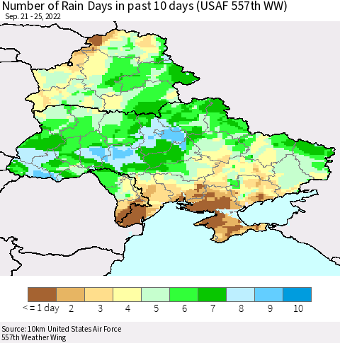 Ukraine, Moldova and Belarus Number of Rain Days in past 10 days (USAF 557th WW) Thematic Map For 9/21/2022 - 9/25/2022