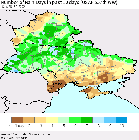 Ukraine, Moldova and Belarus Number of Rain Days in past 10 days (USAF 557th WW) Thematic Map For 9/26/2022 - 9/30/2022