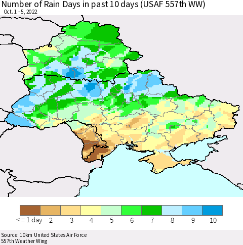 Ukraine, Moldova and Belarus Number of Rain Days in past 10 days (USAF 557th WW) Thematic Map For 10/1/2022 - 10/5/2022