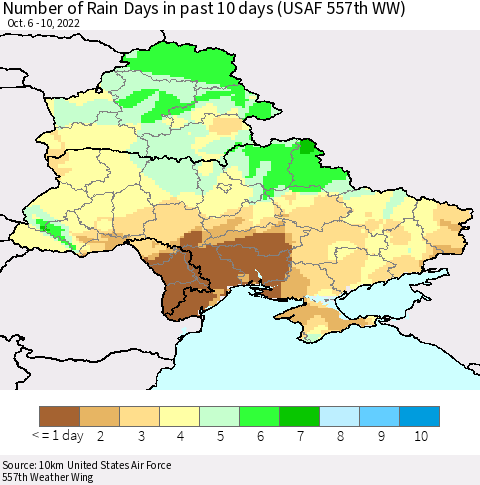 Ukraine, Moldova and Belarus Number of Rain Days in past 10 days (USAF 557th WW) Thematic Map For 10/6/2022 - 10/10/2022