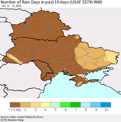Ukraine, Moldova and Belarus Number of Rain Days in past 10 days (USAF 557th WW) Thematic Map For 10/11/2022 - 10/15/2022