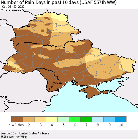 Ukraine, Moldova and Belarus Number of Rain Days in past 10 days (USAF 557th WW) Thematic Map For 10/16/2022 - 10/20/2022