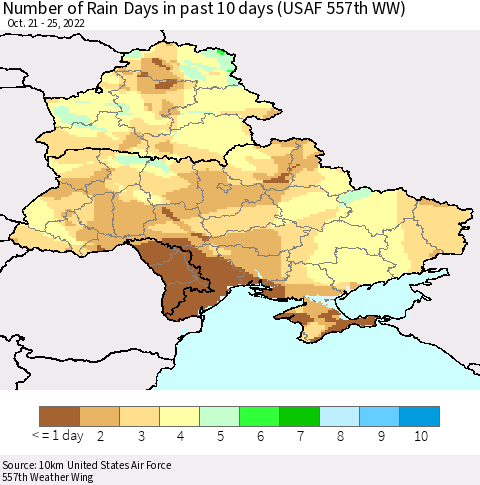 Ukraine, Moldova and Belarus Number of Rain Days in past 10 days (USAF 557th WW) Thematic Map For 10/21/2022 - 10/25/2022