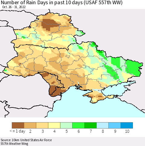 Ukraine, Moldova and Belarus Number of Rain Days in past 10 days (USAF 557th WW) Thematic Map For 10/26/2022 - 10/31/2022