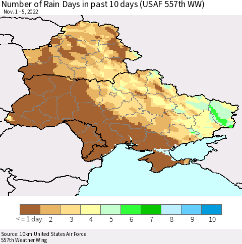 Ukraine, Moldova and Belarus Number of Rain Days in past 10 days (USAF 557th WW) Thematic Map For 11/1/2022 - 11/5/2022