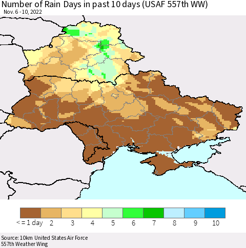 Ukraine, Moldova and Belarus Number of Rain Days in past 10 days (USAF 557th WW) Thematic Map For 11/6/2022 - 11/10/2022