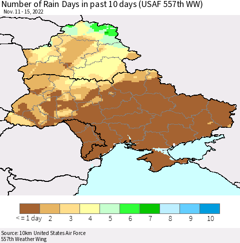 Ukraine, Moldova and Belarus Number of Rain Days in past 10 days (USAF 557th WW) Thematic Map For 11/11/2022 - 11/15/2022