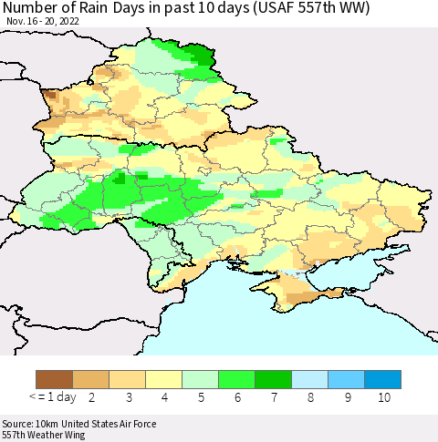 Ukraine, Moldova and Belarus Number of Rain Days in past 10 days (USAF 557th WW) Thematic Map For 11/16/2022 - 11/20/2022