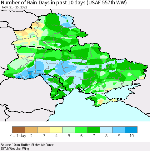 Ukraine, Moldova and Belarus Number of Rain Days in past 10 days (USAF 557th WW) Thematic Map For 11/21/2022 - 11/25/2022