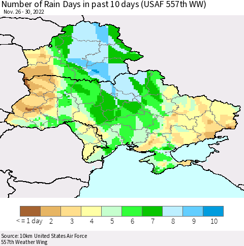 Ukraine, Moldova and Belarus Number of Rain Days in past 10 days (USAF 557th WW) Thematic Map For 11/26/2022 - 11/30/2022