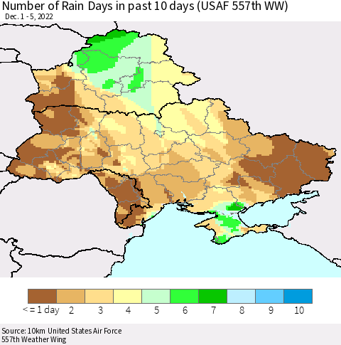 Ukraine, Moldova and Belarus Number of Rain Days in past 10 days (USAF 557th WW) Thematic Map For 12/1/2022 - 12/5/2022